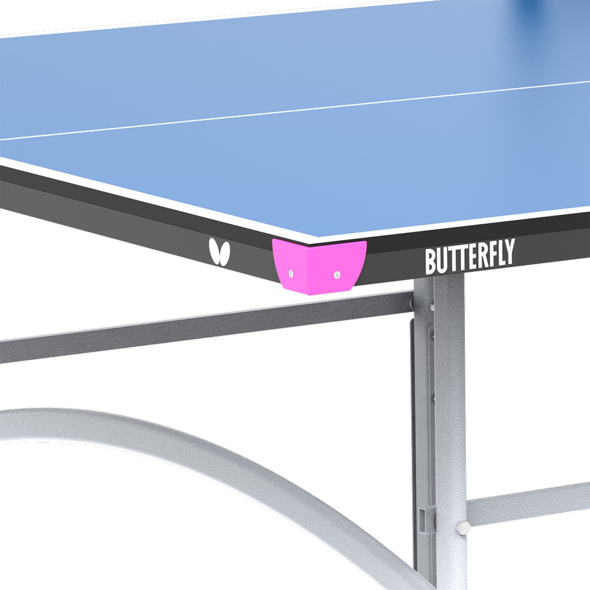 Butterfly Junior Rollaway Table: Close-up of corner guard of Blue Table